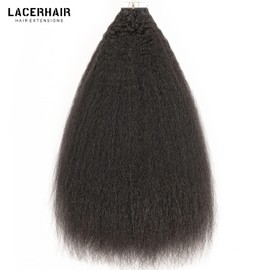 Lacer Kinky Straight Tape ins Human Hair Natural Black Color Kinky Straight Tape in Hair Extensions Natural Black Skin Weft Remy Seamless Human Hair Extensions 18 Inch 40Pcs 100G