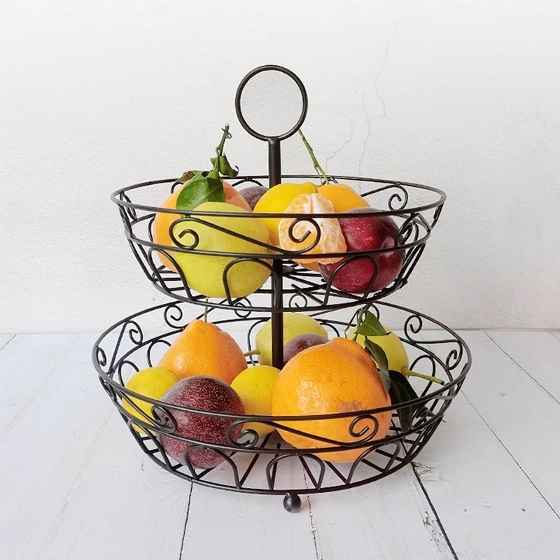 Fruit Basket Black Iron European Style Double Layer Fruit Storage