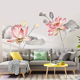 COVPAW® Wall Sticker XXL Lotus Pink Lotus Leaf Flowers Wall Sticker Mural Pictures Living Room Bedroom Decoration