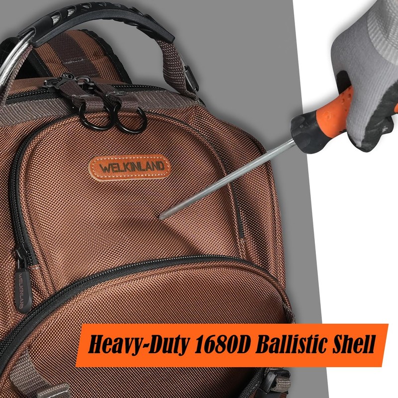 WELKINLAND-70Pockets HVAC Backpack, Heavy-Duty Electrician Tool Backpack, Hard Bottom Tool