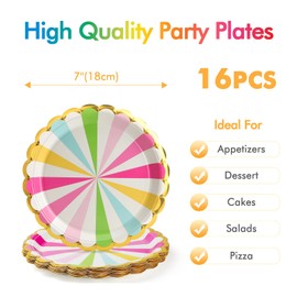 PARTY GO Pack of 16 7 Inch Paper Plates for Dinner and Dessert, Disposable Plates Party Supplies Pack for Graduation Holiday Wedding Birthday Party Baby Shower Decorations Colourful