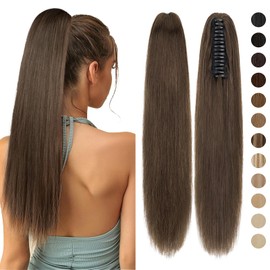 Claw on Ponytail Extension Straight Pony Tail Real Remy Human Hair Clip in Hair Extensions 18inch #02 Dark Brown