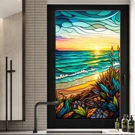 WBQMUNY Static Cling Decorative Window Film,Non Adhesive Privacy Film,Stained Glass Window Film for Bathroom Shower Door,Sunrise Over The Beach Window Film 17.7" x 39.5" (BL130)
