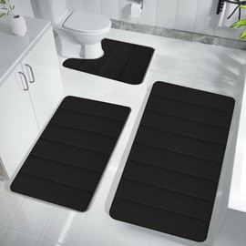 YUGYUJ Bathroom Rugs Sets 3 Pieces, Soft Absorbent Memory Foam Bath Mats Set, Dry Fast Machine Washable Bath Mat, Thick Toilet Mats Bath Rug Set for Bathroom (Black)