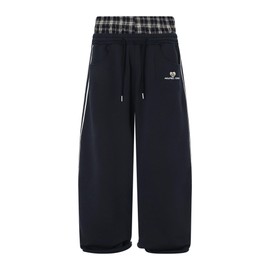 Aelfric Eden Baggy Wide Leg Sweatpants for Women Plaid Patchwork Sweat Pants Loose Long Pants with Pockets Dark Blue