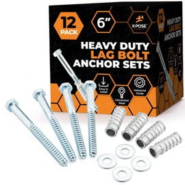 Concrete Anchors Set with 6" Lag Bolt, Lag Shield and Washer - 12 Sets per Pack - 1/2" Bolt Lag Screws 6-Inch for Parking Curb Stop - Galvanized Steel Lag Bolts