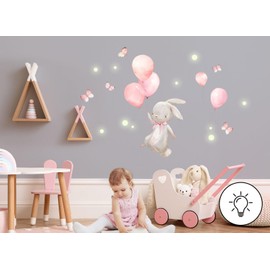 DEKO KINDERZIMMER DK1058-1 Wall Sticker Rabbit with Balloons for Children's Room Wall Sticker Stars Glow-in-the-Dark Wall Sticker Butterflies Baby Room Wall Decoration