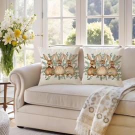 Easter Pillow Covers 16 x 16 Inch Set of 2 Eucalyptus Leaves Bunny Decorative Throw Pillow Covers Easter Decoration Rabbit with Bow Cushion Case for Bedroom Sofa Couch Holiday Festivals Home Decor