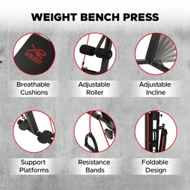 X-RUSH Multi-functional folding weight bench, adjustable weight bench, with 7 positions backrest adjustment and 2 training straps, 600 lbs capacity, suitable for full body workouts