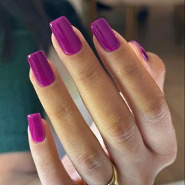 Plum Nails Press Ons: Medium Square, Short Acrylic Coffin Nails - 24 Pcs, Gel Color, Thick Solid