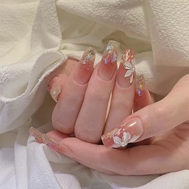 Nail Tip, Long Nail Tip, 24 Pieces, Glitter, Glossy, 3D, Korea, Popular, Stylish, Gel Nails, Nail Seal, Cute, Long, Bride Nail, Handmade Nail Tip, Double-Sided Tape, Butterfly, 3D Nail Clip, Wedding,