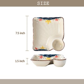 FYUEROPA Ceramic Dumpling Plate with Dipping Saucer, Sushi Dish, Serving Plate Chips and Snack Plate, 7.5 Inch - Set of 2, Blue