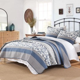 KALOOLA Botanical Quilt King Size - 100% Cotton Soft Quilted Bedding Set 3 Pieces, Farmhouse Vine Pattern Bedspread Coverlet with 2 Pillow Shams, Lightweight Comforter for All Season, Blue/Grey
