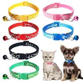 Jecikelon 6 PCS Puppy Collars Adjustable Pup Collar for Small Pet Dog Polyester Cat Collar with Bell Basic Collar for Small Dogs (Small, Crack)
