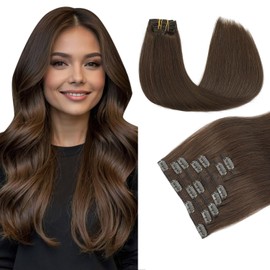 PINKPEARL Human Hair Clip in Hair Extensions 18inch #4 Chocolate Brown Clip in Hair Extensions Real Human Hair 7pcs 120g Natural Human Hair Clip ins for Women(#4-18)