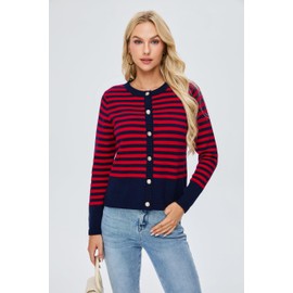 BMJL Women's Striped Cardigan Sweaters Lightweight Cropped Long Sleeve Tops Button Down 2024 Fall Outfits Trendy (Large, Blue Red)