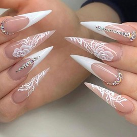 Stiletto Press on Nails White French Tip Fake Nails with 3D Rhinestones Flower Designs 24 Pcs Natural Reusable Long Acrylic Nail Full Cover Stick on Nail for Women Wedding Party WYFHDT