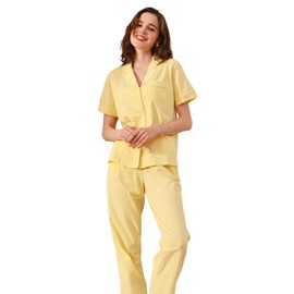NAP BOUND Cotton Pajamas for Women Set Button Down Cotton Short Sleeve and Pants with Pockets Pjs 2 Piece Yellowish Notch Collar Lounge Sets XS-XXL Soft Sleepwear (ShortSleeveYellowish,XS)