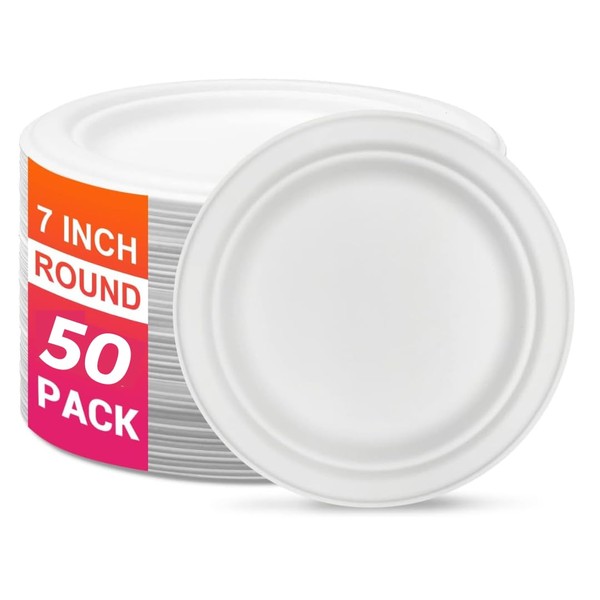 Ask Packaging 100% Compostable (7 Inch / 50-Pack) Heavy-Duty Eco-Friendly Disposable Bagasse Plates, Made of Natural Sugarcane Fibers – 7" Biodegradable Paper Plates