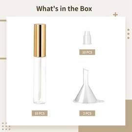 10 Piezas Tubos para Brillo de Labios, 10 ml/0.3 oz, Envases Transparentes con Tapas Doradas, Frascos Vacíos con Embudos para Máscara de Pestañas, Aceite Labial, Labial y Más