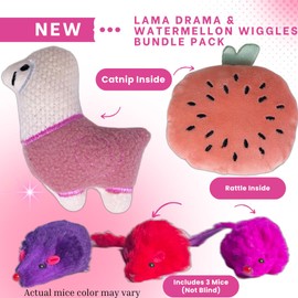 Cat Toys Bundle Pack Lama Drama and Watermellon Wiggles Catnip Filled Bundle Pack, with 3 Mice and 2 Silvervine Sticks