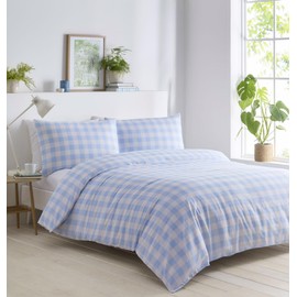 Gingham Duvet Sets Check Bedding Quilt Cover Pillow Cases (Blue, Single)