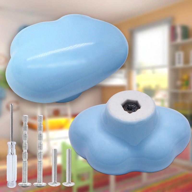 Qjaiune 6pcs Ceramic Cabinet Knobs Blue Drawer Knobs, Cloud Shaped