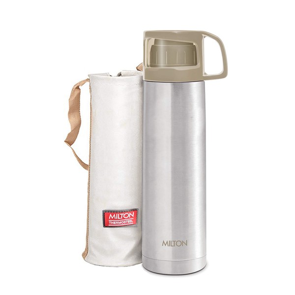 Milton Thermosteel Glassy 750, Double Walled Vacuum Insulated 750 ml | 25 oz | 24 Hours Hot and Cold Water Bottle with Drinking Cup Lid and Cover, Stainless Steel, BPA Free, Leak Proof | Grey