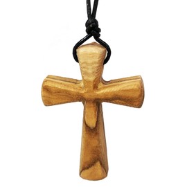 Hand Carved Tapered Wooden Cross Necklace for Men & Women on Adjustable 32" Black Leather Cord - Wood Cross Pendant for Boys Girls Men & women