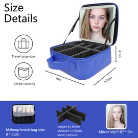 SUILU Travel Makeup Bag with LED Mirror and Light Makeup Travel Bag Organizer Portable Cosmetic Brush Organizer Bag with Adjustable Dividers for Cosmetics Makeup Brushes Toiletry (Dark Blue)