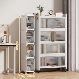 HIYOHIYO 4-Tier Tall Narrow Bathroom Storage Cabinet with Movable and Locking Wheel Design, Slim Storage Cabinet with Adjustable Shelves for Small Space and Kitchen Narrow Spaces, White (Width 8.5")