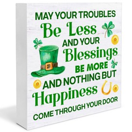 St. Patricks Day Decor - Irish Blessings Decor - May Your Troubles Be Less and Your Blessings Be More Wood Decorative Sign - Home Decor for Desk Table Shelf 5 x 5 Inches