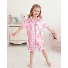 Weixinbuy Kid Toddler Girls Pajamas Satin Pajama Set Silk Pjs for Girls Short Sleeve Button Down Sleepwear Nightwear 5-6 Years Cat