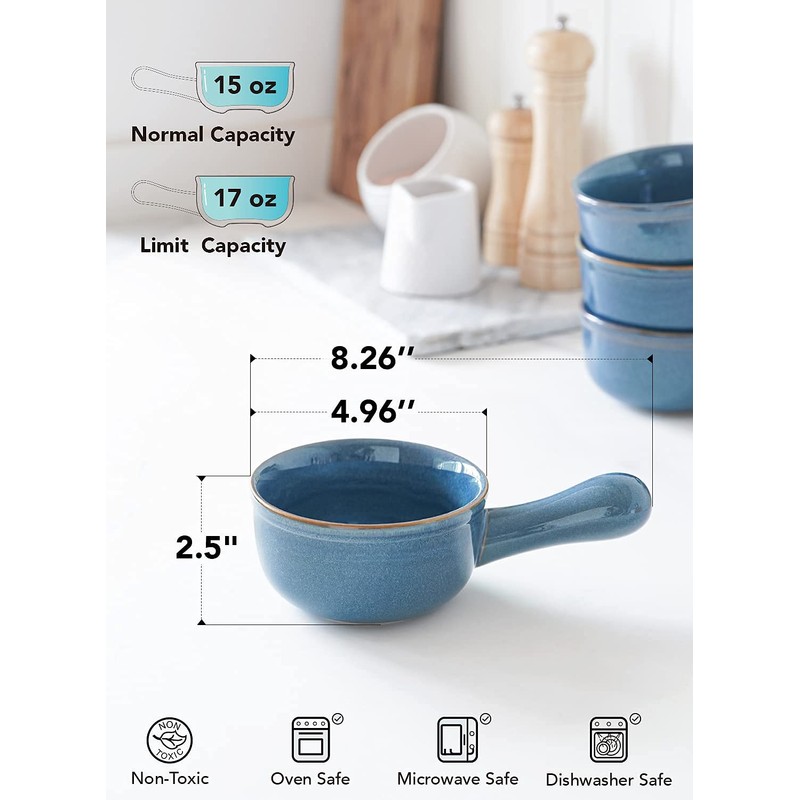 LE TAUCI Soup Bowls with Handle, 15 Oz Ceramic French