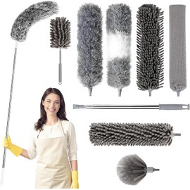 8 en 1 Plumero de Limpieza Reutilizable, Plumero Extensible para Limpieza con 2.8m Palo de Ajuste, Sacudidor de Polvo Lavable para Limpiar Techos, Ventanas, Telarañas, Auto, Ventilador de Techo