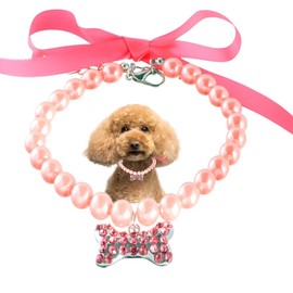 Pearl Dog Necklace,Pink S Diamond Crystal Dog Collars Bling Rhinestones Bone Cat Collar Jewelry for Girl xs s Small Puppy Kitten Pets Dogs