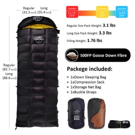 OMVMO 0 20 Degrees F Camping Sleeping Bag for Adults,4 Season Rectangle Down Fiber Sleeping Bag for Camping Hiking,Used as Blanket Quilt or Cloak (Black/20℉/Right Zipper, Long(Fits up to 6'6''))