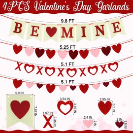 4PCS Valentine Garland, Felt Valentines Day Banner, Horizontal Valentine Day Decor, Be Mine Valentines Banner Big Small Felt Heart Garland Red Pink Dark Red Heart Garland Decorations Outdoor Indoor