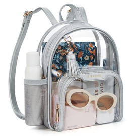 Missnine Clear Backpack Stadium Approved, Thick PVC Mini Clear Bag with Leather Trim for Sports Event, Concert, Festival, Silver