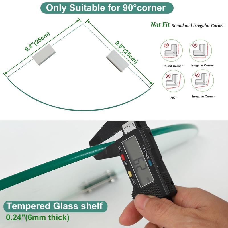 SYLXTEEM 2-Pack Glass Corner Shower Shelves with Aluminium Brackets, 9.8