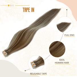 Tape in Human Hair Extensions Blonde Highlights with Ash Brown Tape in Hair Extensions Human Hair Full Head 18inch Tape ins Natural Hair Soft Straight Extensions for White Women 50g 20pcs(8P60）