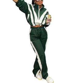 Mandonce 2 Piece Sets for Women Zip up Cropped Sweatshirt and Split Wide Leg Sweatpants Athleisure Sets for Women Green