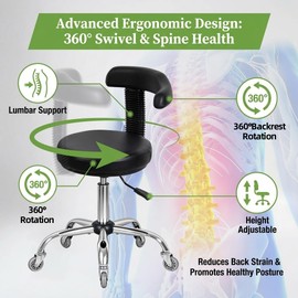 Antlu Rolling Stool with Back Support Tattoo Chair for Artist, Adjustable Esthetician Lash Chair for Dental Shop Sewing Nail Tech, Desk Shop Stools with Wheels
