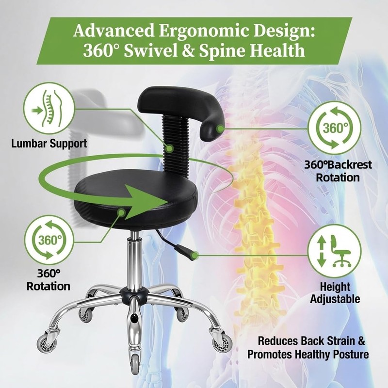 Antlu Rolling Stool with Back Support Tattoo Chair for Artist,
