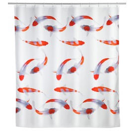 WENKO Nagoya Shower Curtain 180 x 200 cm, 100% Polyester Curtain with Metal Eyelets & Rubber Weight Band for Shower and Bathtub, Water Resistant & Washable, Includes 12 White Shower Curtain Rings