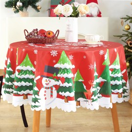 iEvery Round Christmas Tablecloth Wipe Clean Table Cloth 150cm, Polyester Water Resistant Circular Festive Table Cover for Home Banquet Xmas New Year Party Decoration