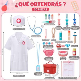SlowTon Juego de Doctor para Niños Niñas, 30 Piezas Kit de Médico de Simulación, con Disfraz de Doctor, Estetoscopio Funcional y Bolsa de Transporte, 