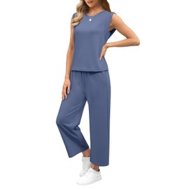 SAMPEEL Womens Summer Clothes Trendy 2025 Two Piece Lounge Sets Business Casual Office Spring Outfits Travel Basic Pant Set Activewear Blue XXL