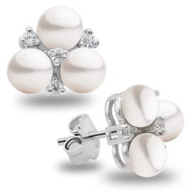 Women Pearl Stud Earrings with Three Fresh Water Cultured Pearls Button Shape 4-5 mm and Three Cubic Zirconia Stones by Secret & You | Sterling Silver 925 Mounts with big nuts.