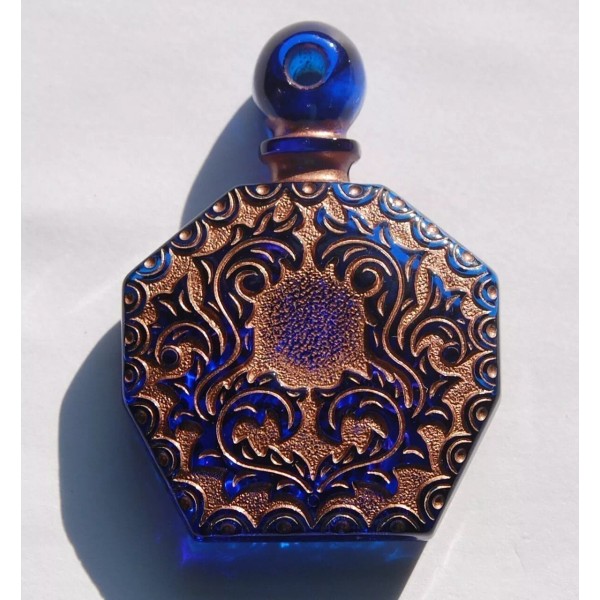 Vintage Blue Etched Faux Perfume Lucite Bottle Pendant Copper Details